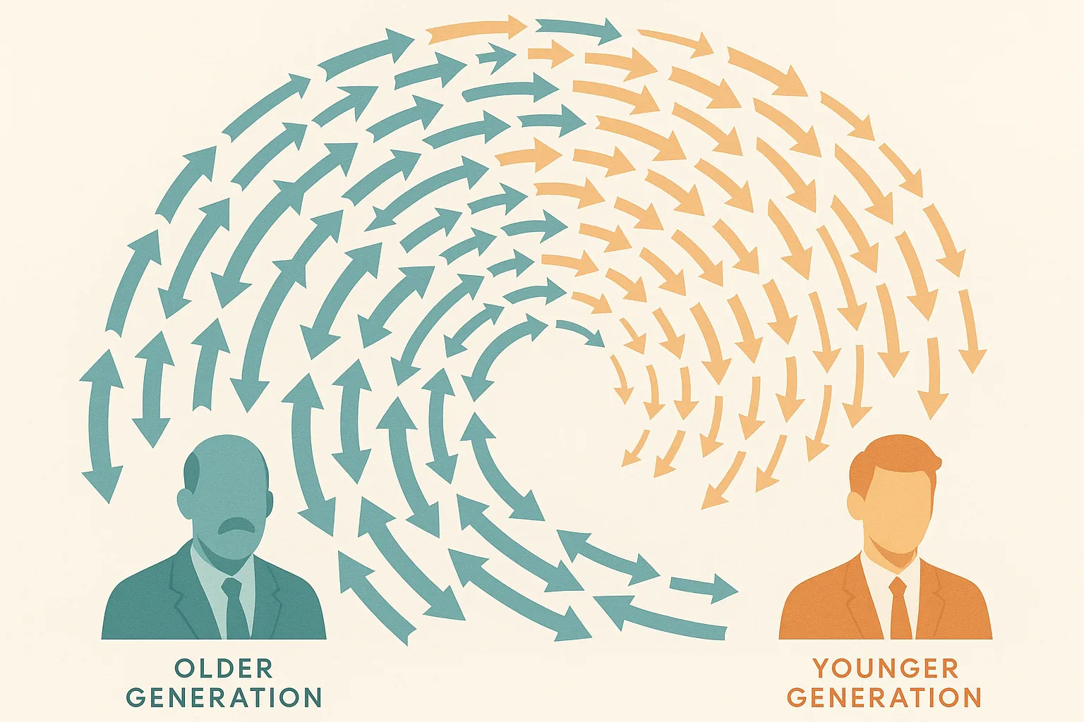 Abstract data visualization of business ownership transfer wave — teal and orange geometric shapes