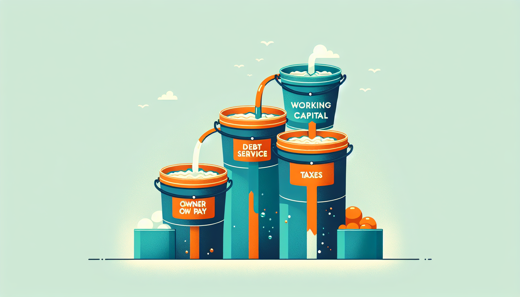 Infographic showing the four buckets of owner compensation: debt service, working capital, taxes, then owner pay