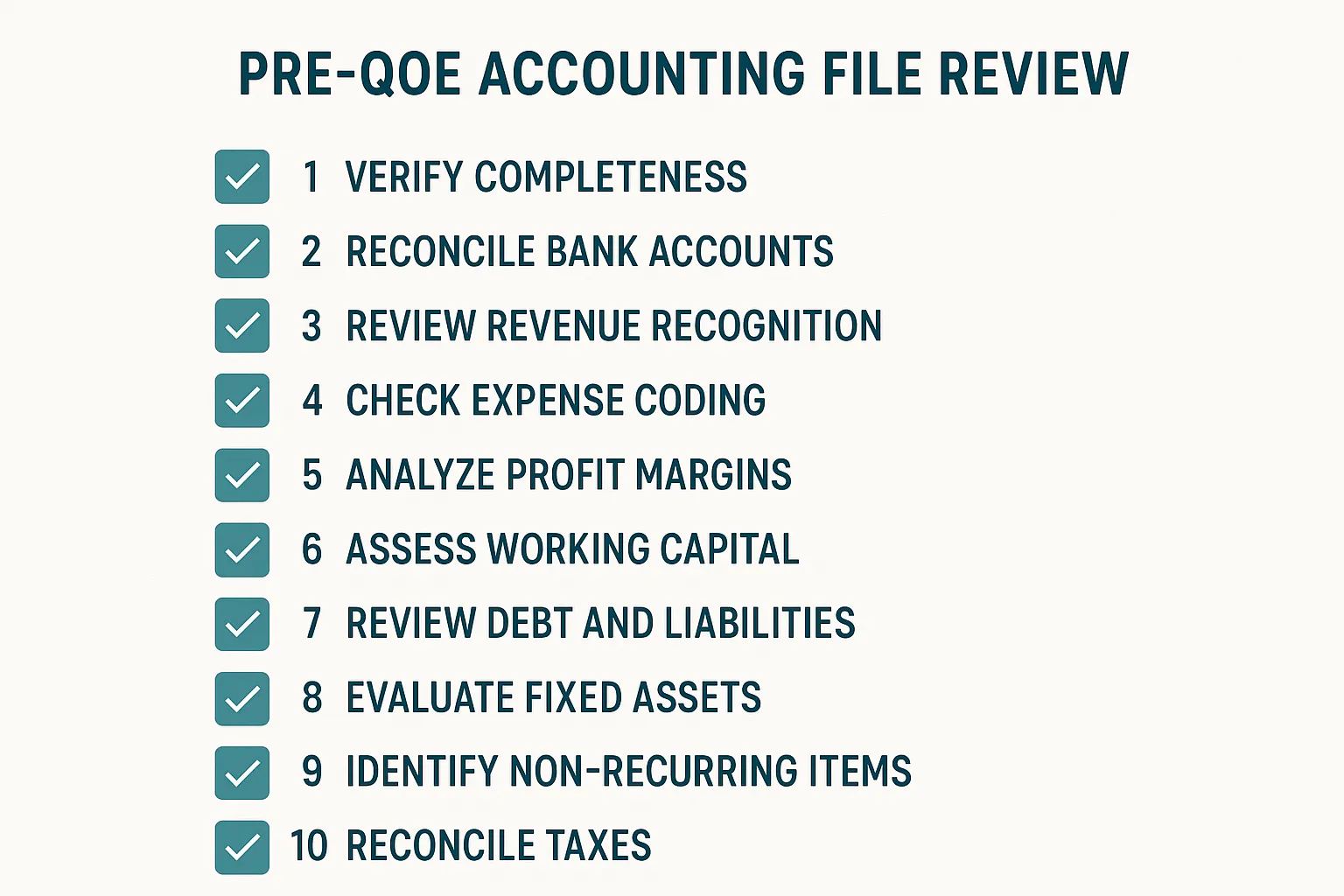 10-step pre-QoE accounting file review checklist infographic
