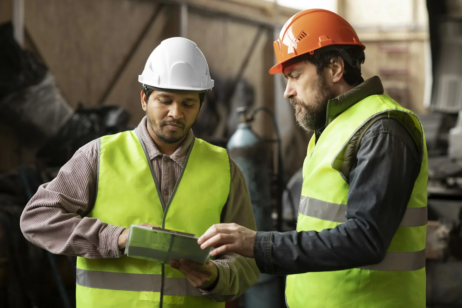 Experienced technician mentoring a younger worker in an industrial setting