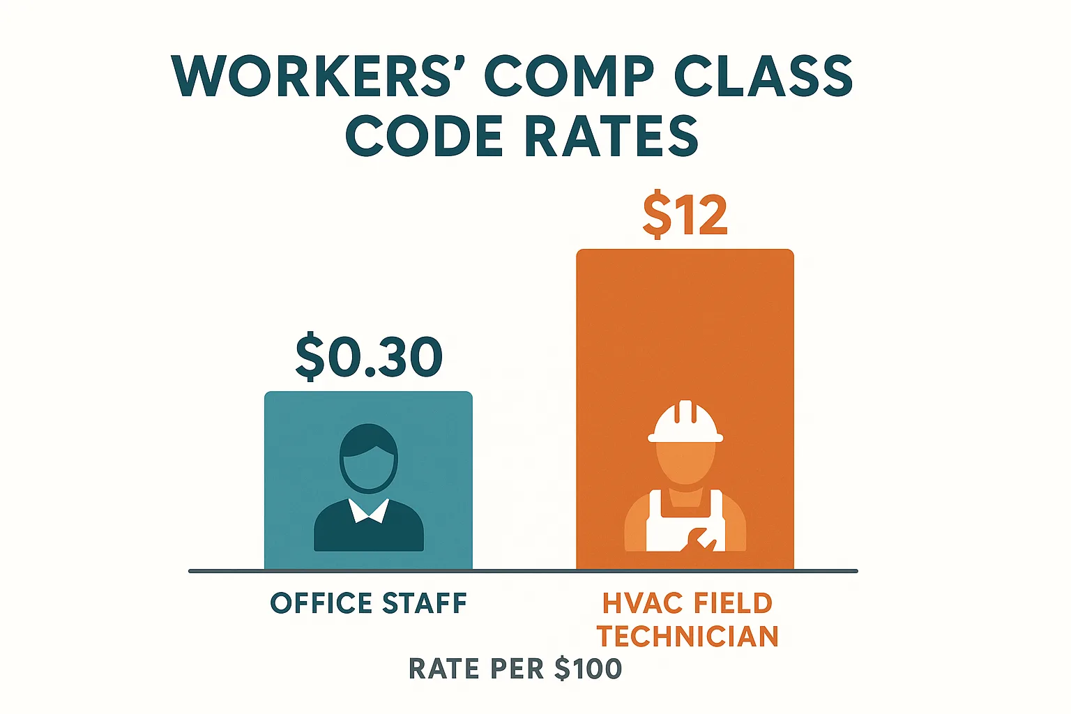 Infographic comparing workers comp rates: office staff at $0.30 per $100 vs HVAC field technician at $12 per $100